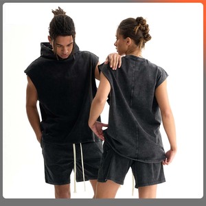 Conjunto de suéter sin mangas <span class=keywords><strong>con</strong></span> capucha de algodón retro lavado y pedrería, ecológico, de verano, al por mayor, <span class=keywords><strong>con</strong></span> pantalones cortos casuales de alta calidad - Product Image 3