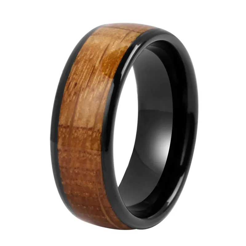Tizti - Anel de madeira para casamento, joia de barril de uísque, anel de tungstênio para homens, anel de carbeto de tungstênio personalizado, preto
