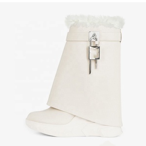Women's Fur Ankle <b>Boots</b> Wedge Heels Turn Over Round Toe Short Female Shark Lock Causal Increasing Height Shoes - Product Image 2