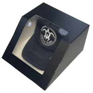 도매 사용자 정의 로고 블랙 야구 모자 스냅 캡 종이 상자 종이 포장 스냅 캡 투명 창과 접이식 선물 상자