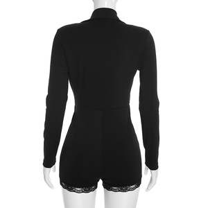 Viviblook D26RP317 Nouvelle combinaison décontractée pour femme, couleur unie, col tailleur, décolleté plongeant sexy, manches longues, dentelle, collection automne - Product Image 3