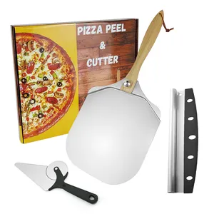 12"x14" inch Folding Handle Pizza Bread Spatula Aluminum Metal Pizza Peel Set With Rocker Cutter