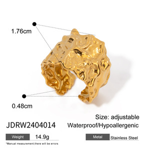 스테인레스 스틸 해머 컷 불규칙한 와이드 오픈 링 18k 골드 도금 럭셔리 링 남성용 - Product Image 6