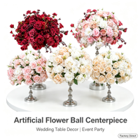 Bola Bunga Buatan Bulat Penuh Campuran Mawar Sutra dan Peony untuk Dekorasi Meja Makan Pernikahan, Pesta, dan Hotel