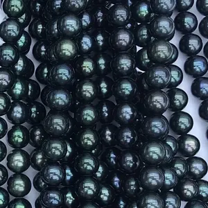 Venta al por mayor hebras de perlas de agua dulce de pavo real verde de 8-9mm, alto brillo, superficie limpia, casi redonda