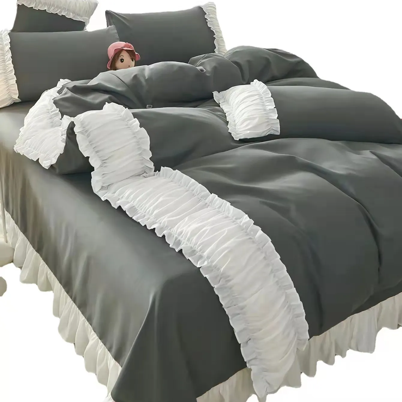 Wholesale UK Size Solid Colour Microfiber Duvet Cover Set with Ruffles including Pillow Cases