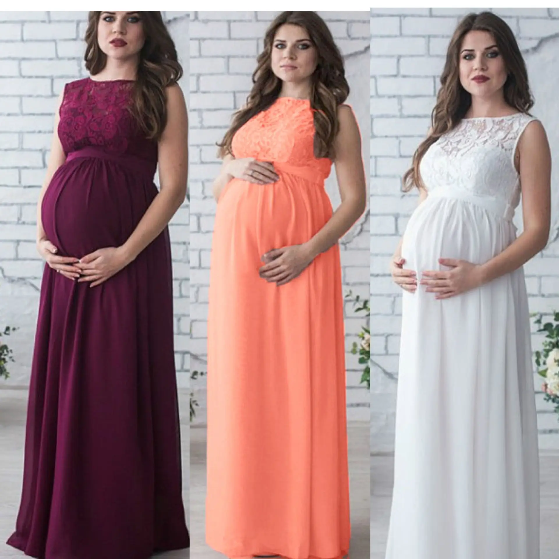 Latest Pregnant Women Sleeveless Maternity Dresses Lace Long Mother Dresses