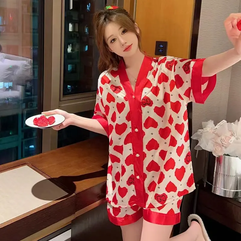 Newest Silk Pajamas for Women Sweet Cartoon Pyjamas Woman Elegance Short Sleeve Kawaii Homewear Ladies Sleepwear Sets 2020 PJS