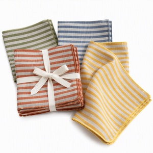 Serviettes de table en coton et lin de luxe français avec logo personnalisé, rayées, naturelles, pures, pour mariage, avec bord brodé, faites à la main - Product Image 1