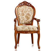 Chaise de salle à manger en bois massif sculpté avec accoudoirs en cuir de vachette de style européen pour mobilier d'hôtel, cuir véritable