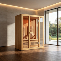 Cabine de sauna moderne en bois massif, directement de l'usine, avec banc à deux niveaux, plafond LED étoilé et verre trempé pour salle de sport intérieure à domicile