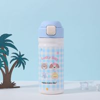 Vaso portátil de acero inoxidable con diseño de animales de dibujos animados, tapa con popote y asa de cuerda elegante