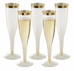 Di plastica usa e getta bicchieri di champagne con glitter oro con oro-eleganza con la montatura nera, anniversario di matrimonio e da pranzo eventi - Product Image 1