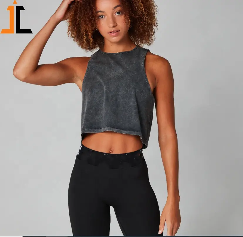 Özelleştirilmiş bayan kırpma üst 100% pamuk asit yıkama tekli egzersiz yoga tank top fabrika