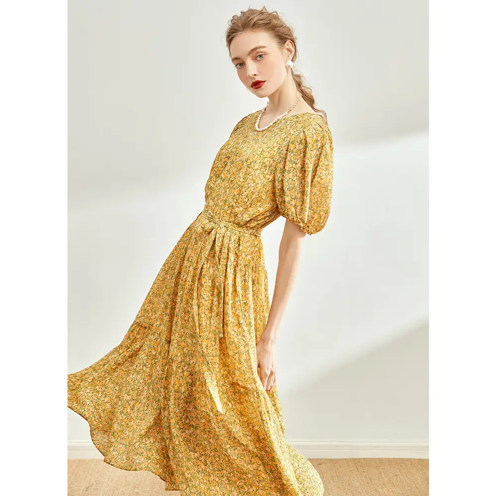 High quality mulberry silk summer women Tulip Flower Sea Goddess Dress with Puff Sleeves casual floral dresses elegant