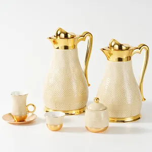 Royal Embossed Design Turkish Arabian Porcelain Coffee Flask Black And White Ceramic Tea Pot Set Classic Luxury Tea Sets