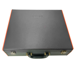 Black PU Leather Wine Set Case With Corkscrew And <b>Pourer</b> 4 Bottle Capacity Orange Trim Bronze Buckle - Product Image 2