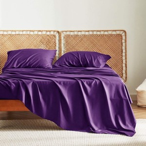 Vente en gros de literie pleine grandeur de style moderne, ensemble de 4 pièces en <span class=keywords><strong>lin</strong></span> de bambou <span class=keywords><strong>violet</strong></span> avec poche profonde et drap supérieur tissé - Product Image 1