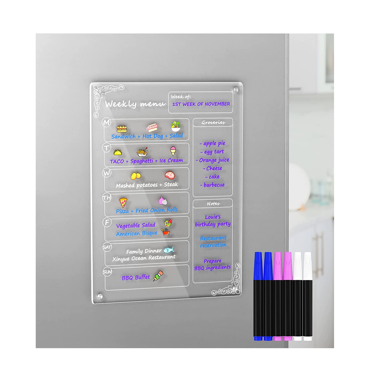 Акриловая магнитная доска для меню сухого стирания для холодильника, прозрачная еженедельная доска для еды, планировщика, доска для холодильника