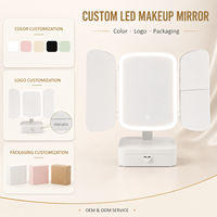 Miroir de maquillage LED pliable rechargeable USB-C avec grossissement 1X 3X 5X, angle réglable, base avec boîte de rangement, miroir de vanité de table