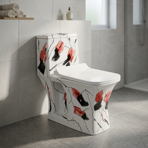 WC monobloc de luxe en céramique imprimé marbre, noir et or, à poser au sol, avec siphon en S - Product Image 4