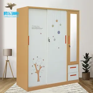 New Customized Bedroom Wardrobe Design White And Flower Printing Kd Structure Steel Iron Almirah With Cheap Price