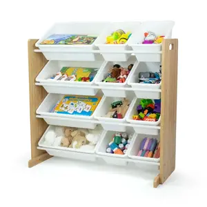 Children Play Room Furniture Wooden Shelf Toddler Kids Toy Storage Rack Organizer With 12 Plastic Bins