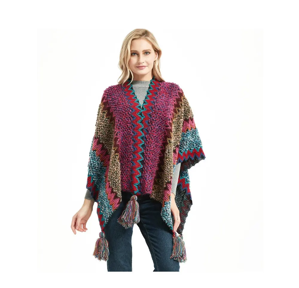 FF48 Fashionable Retro Style Cape Knit Color Pattern Wrap Vintage Open Front Poncho Women Warm Tassel Knitted Shawl