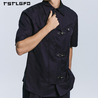 Kemeja Jaket Pria Gaya Punk Gothic Kerah Lipat Kancing Logam Lengan Pendek Longgar