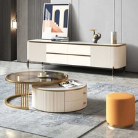 Meubles de salon modernes, table basse en acier inoxydable avec base en or, ensemble de deux pièces de table basse ronde et de meuble TV en pierre blanche