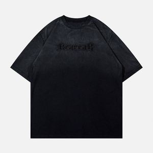 Y2k 맞춤 의류 100% 면 하이 퀄리티 대형 고민 자수 티 의상 로고 조난 패치 산 세척 T 셔츠 - Product Image 3