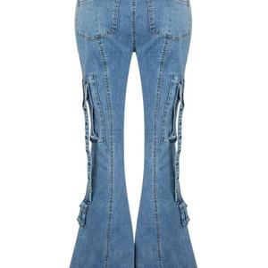Prix bas OOTD Nouvelle mode Confortable Multi-poches Pantalon en coton très élastique pour femme Jean évasé bleu délavé - Product Image 4