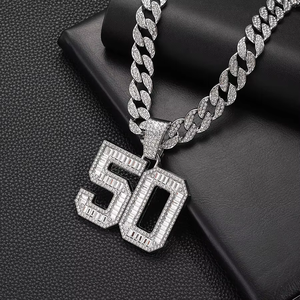 Hip Hop 15MM Gold Miami Prong Full <b>Iced</b> Out Rhinestones Cuban <b>Chain</b> and 50 Number Pendant - Product Image 5