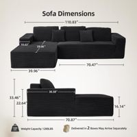 Canapé modulaire compressé sectionnel en velours côtelé en forme de L noir éponge compresse canapé de salon à compression sous vide convertible 2 en 1