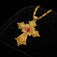 Collier vintage FS avec croix éthiopienne en filigrane, plaqué or 18 carats, pendentif croix creuse avec strass rouge, bijoux religieux