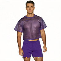 T-shirt court en maille violette pour homme, à manches courtes, respirant, transparent, col rond, décontracté, streetwear d'été