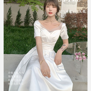 Satin Wedding Dress A-Line Sweetheart Neckline Natural Waist Splicing Simple Style White Gown For Travel Photography - Product Image 2