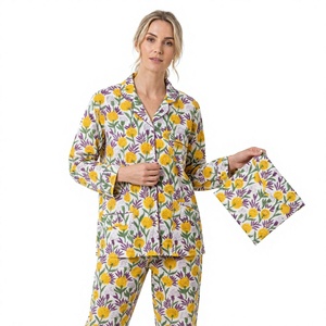 Ensemble de pyjama en coton respirant élégant et luxueux pour femmes, imprimé floral, haut à manches longues boutonné, pantalon, vêtements de nuit pour les vacances, séchage rapide - Product Image 1