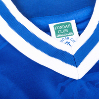 Maßgeschneidertes Retro-Fußballtrikot Blau-Weiß V-Ausschnitt Doppelter Streifenkragen Kurzarm Vintage-Trikot Herren Großhandel Fabrik