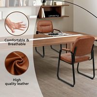 Chaise de bureau commerciale rectangulaire CLATINA en bambou pour salle d'attente, base patin, sans roulettes, avec accoudoirs et support lombaire en similicuir