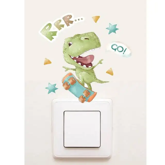 Aangepaste Dinosaurus Op Een Skateboard Decoratieve Kleurrijke Waterdichte Socket Sticker Voor Kinderen Kamer