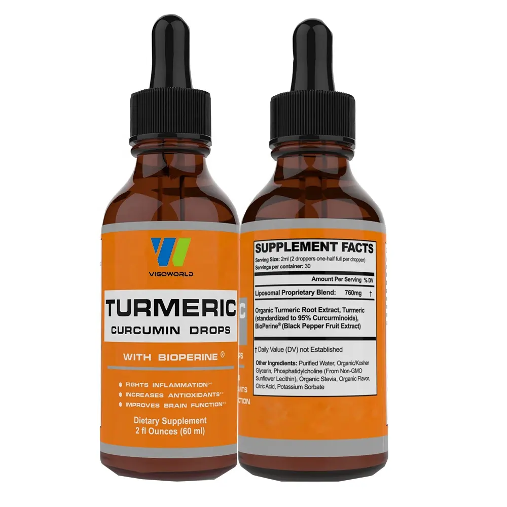 Private Label Liquid Kurkuma Curcumin Tropfen Kurkuma extrakt mit Bioperine zur Unterstützung von Gelenken und Immunität