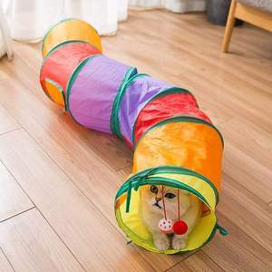 Tunnel interactif pliable 2 voies pour chat, style simple, passage roulant arc-en-ciel en polyester durable pour animaux de compagnie - Product Image 5
