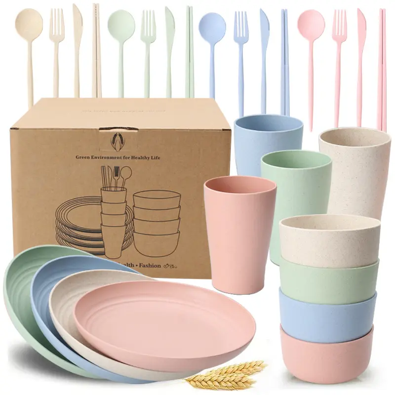 Haushalt bunte Küchen platte Schüssel Gabel Löffel Messer und Tasse Weizens troh Geschirr Set Camping Kunststoff kunden spezifische Farbe