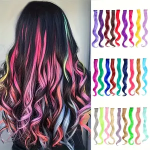 Straight Colored Clip In One Piece Hair Extensions 22inch Rainbow Color Synthetic Girls Clip on Hair Pieces