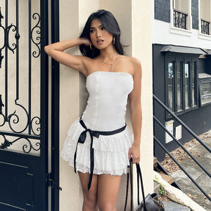 Robe Courte Bustier en Dentelle Patchwork Douce et Sexy, Style Corset Vintage Français avec Nœud Papillon et Jupe Superposée pour Femme - Product Image 5