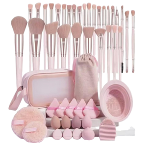 مجموعة فرش مكياج احترافية وردية اللون مكونة من 49 قطعة مع فرش الكونسيلر وظلال العيون وإسفنجات المكياج وحقيبة تخزين للاستخدام على الوجه - Product Image 1