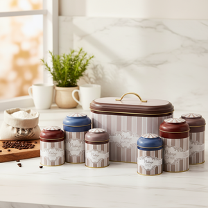 7 Pcs Round Tin <b>Box</b> Kitchen <b>Set</b> Dome Lid Elegance Elegance Design - Product Image 2