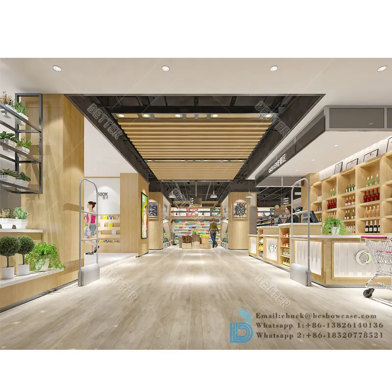 スーパーマーケットデザインラック木製棚小売店フルーツディスプレイスタンドモダンデザイン野菜ラック棚