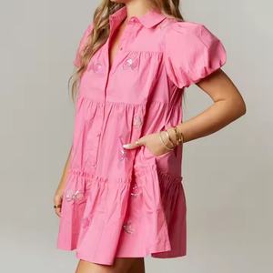 Nouvelle Arrivée Robe Courte Ample Plage Coupe A-Line Élégante Décontractée Vintage Coton Boutons Sexy Femme Tricotée - Product Image 4